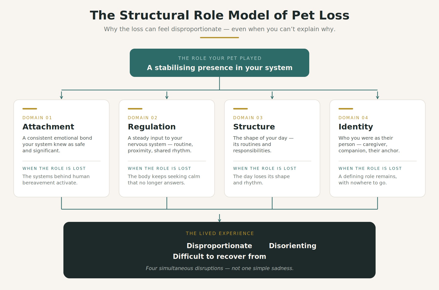 The Structural Role Model of Pet Loss: a diagram showing four domains — Attachment, Regulation, Structure, and Identity — and what is lost in each